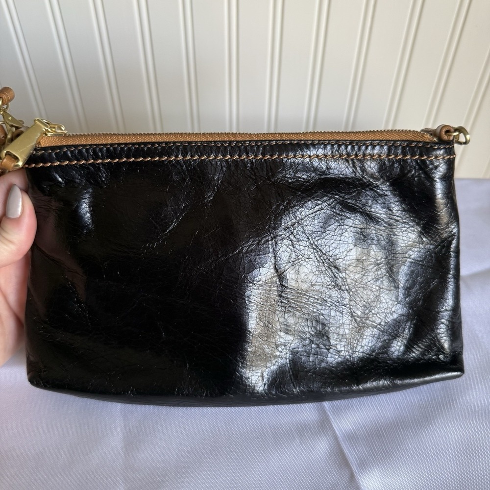 Hobo The Original Leather Wristlet Shoulder Bag Purse Handbag Black Brown Shiny